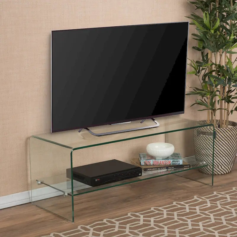 Mobile TV trasparente da 39.37 con design aperto sul retro e ripiano in vetro, per TV fino a 39