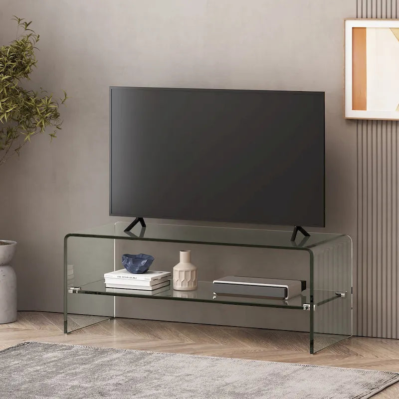 Mobile TV trasparente da 39.37 con design aperto sul retro e ripiano in vetro, per TV fino a 39