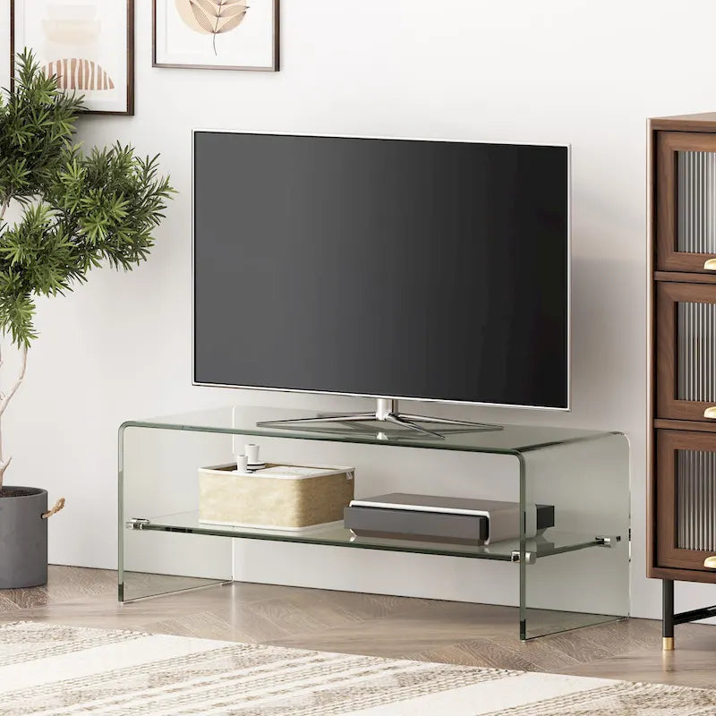 Mobile TV trasparente da 39.37 con design aperto sul retro e ripiano in vetro, per TV fino a 39