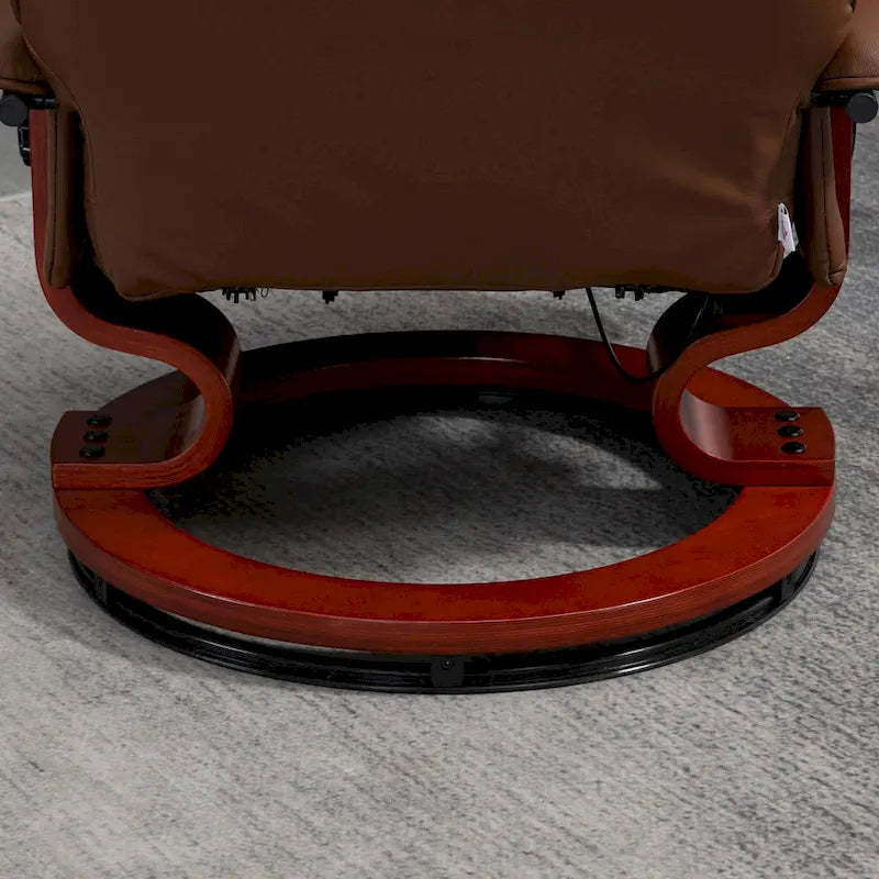 Poltrona reclinabile manuale in similpelle PU, moderna e regolabile, girevole, con base in legno e poggiapiedi