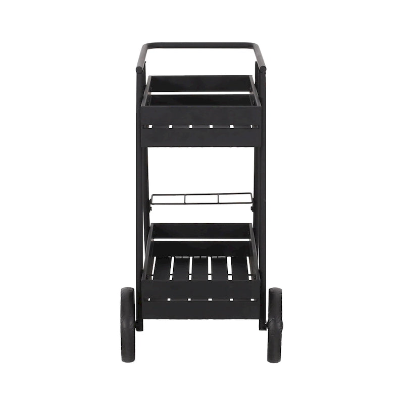 Carrello bar industriale moderno con struttura in ferro, design ispirato alla carriola, portabottiglie e ruote piroettanti