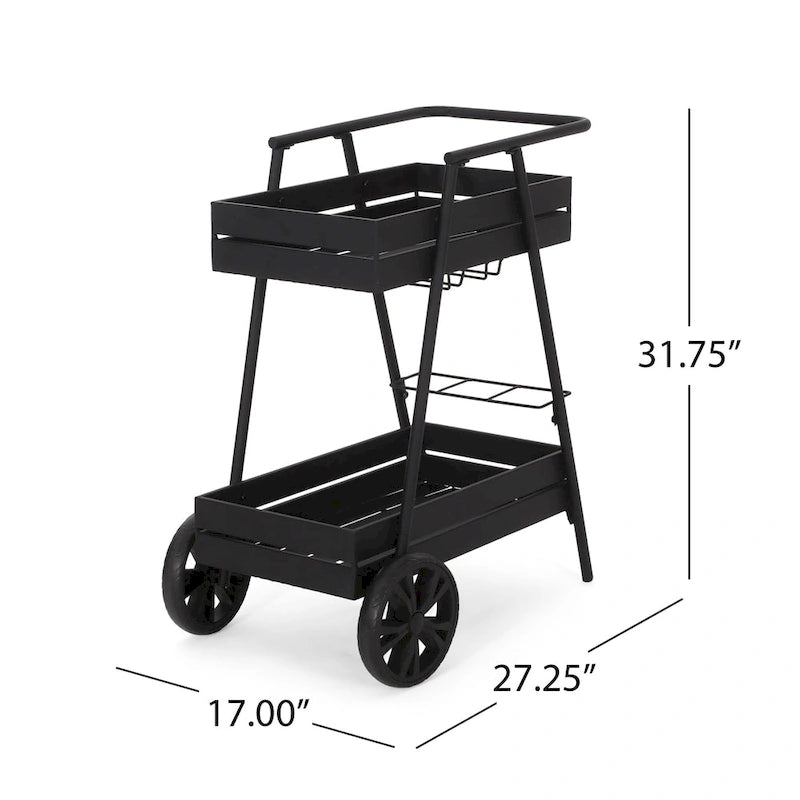 Carrello bar industriale moderno con struttura in ferro, design ispirato alla carriola, portabottiglie e ruote piroettanti