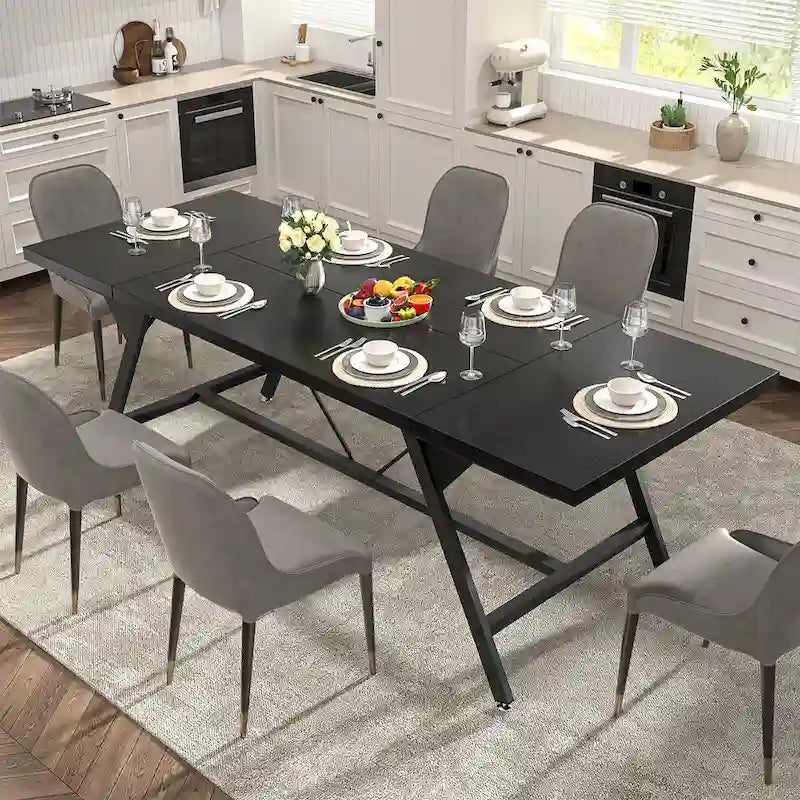 Tavolo da pranzo stile farmhouse per 8 persone, tavolo rettangolare da cucina in legno da 70.8 pollici