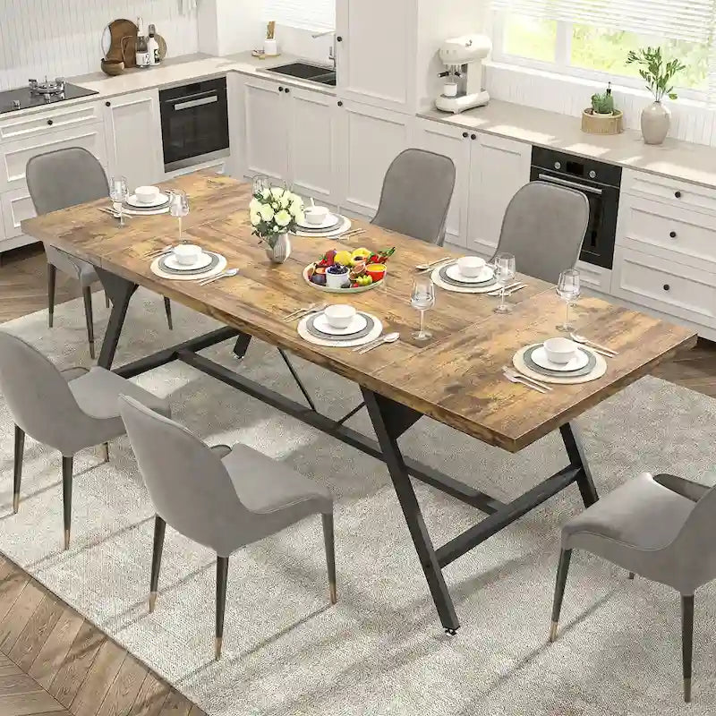 Tavolo da pranzo stile farmhouse per 8 persone, tavolo rettangolare da cucina in legno da 70.8 pollici