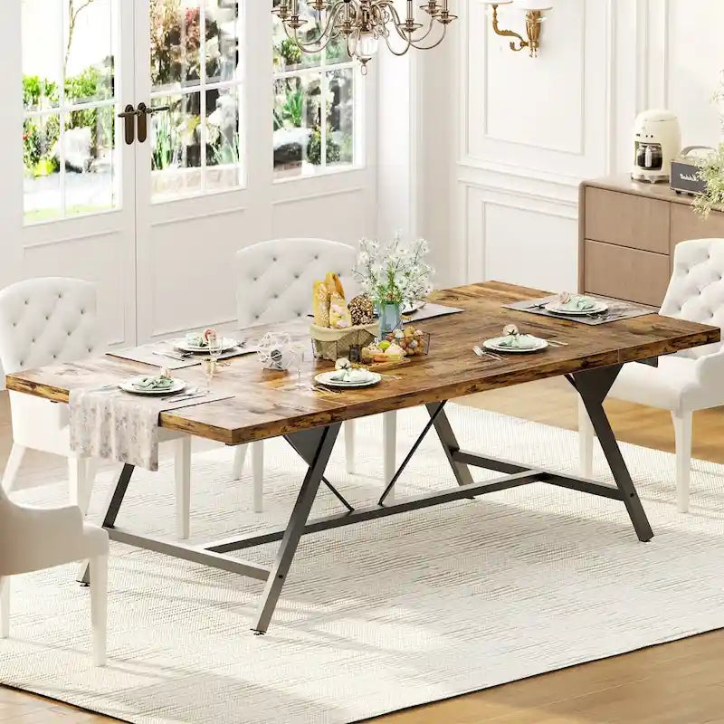 Tavolo da pranzo stile farmhouse per 8 persone, tavolo rettangolare da cucina in legno da 70.8 pollici