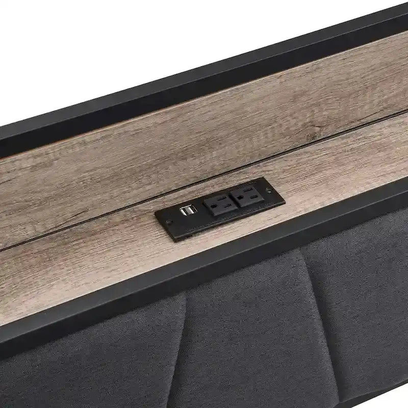 Czarno-szare metalowe łóżko w rozmiarze full z tapicerowanym zagłówkiem ze schowkiem i portem USB