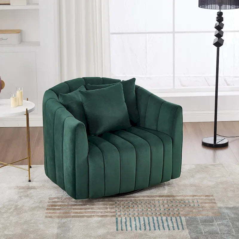Oversized 360 Swivel Accent Barrel Chair and Half Cozy Sofa with 3 Pillows,Velvet Channel Tufted Pumpkin-Shape Club Armchair