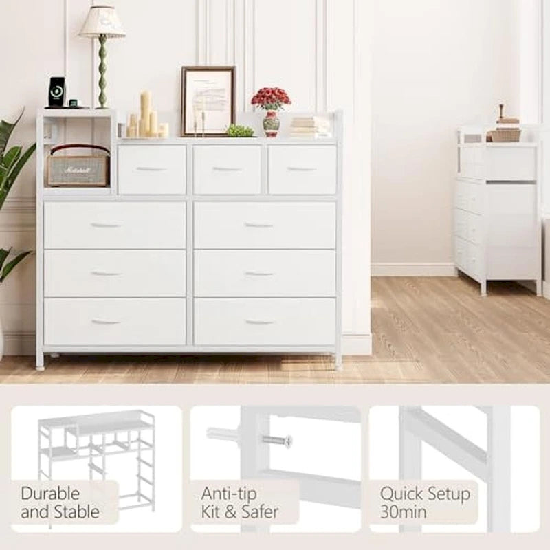 Cassettiera da camera da letto con 9 cassetti, mobile TV con supporto di ricarica, cassettiera moderna in tessuto
