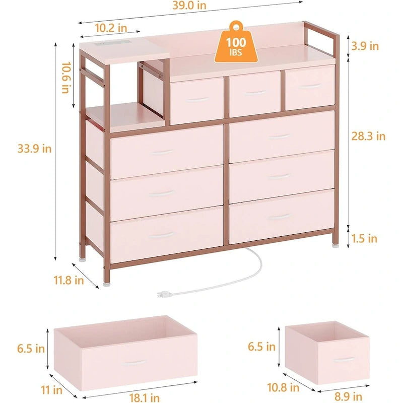 Cassettiera da camera da letto con 9 cassetti, mobile TV con supporto di ricarica, cassettiera moderna in tessuto