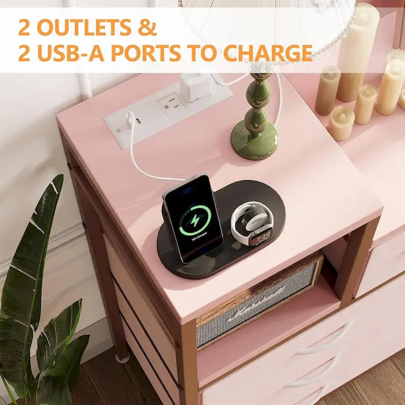 Cassettiera da camera da letto con 9 cassetti, mobile TV con supporto di ricarica, cassettiera moderna in tessuto