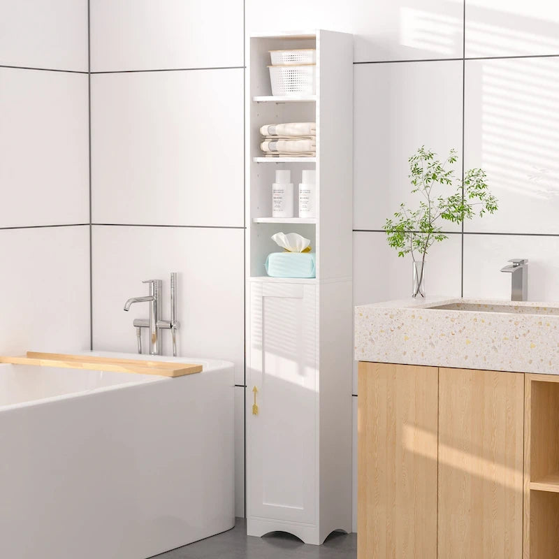 Mobiletto stretto per biancheria da bagno alto 70.9 pollici, mobile contenitore indipendente in legno massello a 8 ripiani
