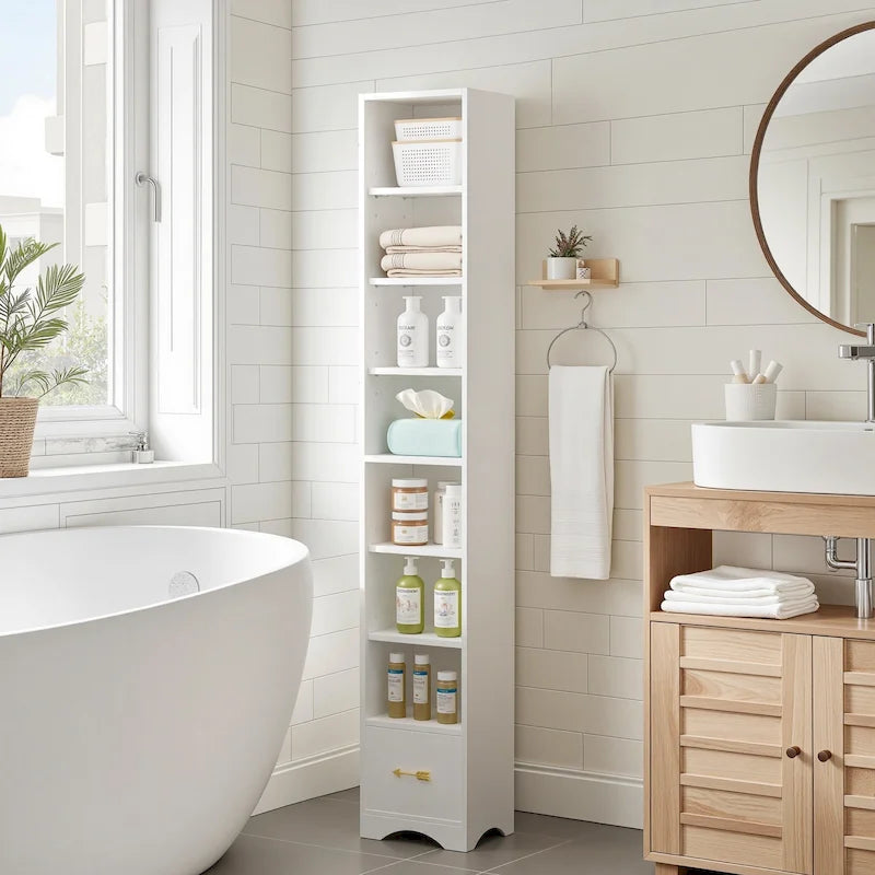 Mobiletto stretto per biancheria da bagno alto 70.9 pollici, mobile contenitore indipendente in legno massello a 8 ripiani