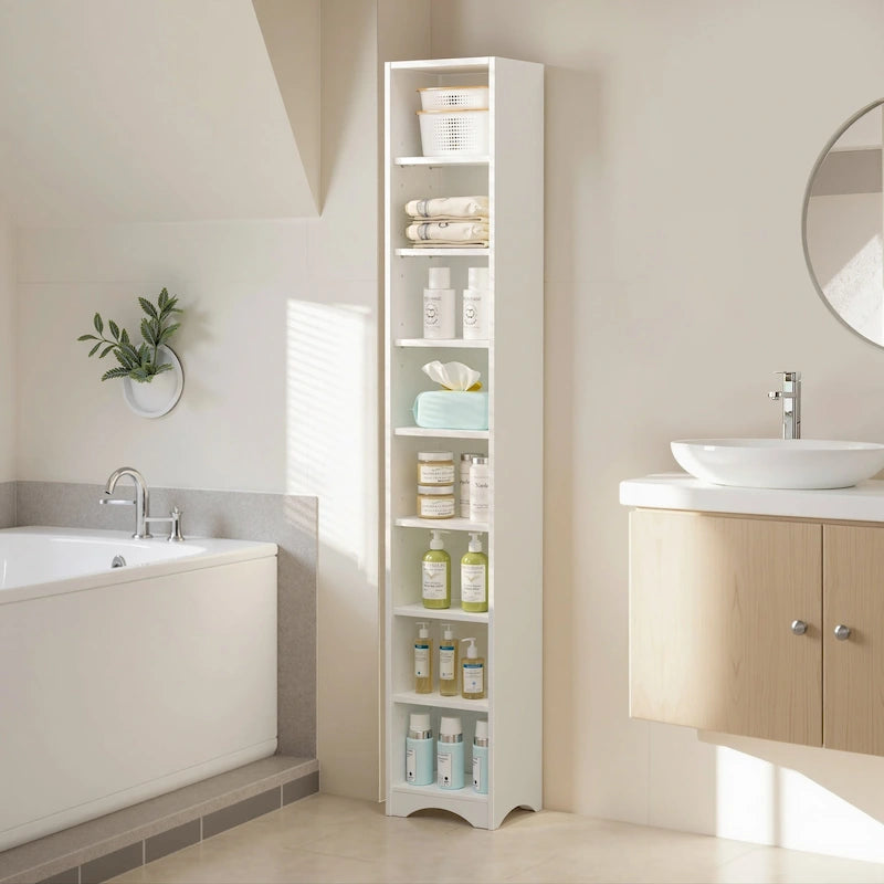 Mobiletto stretto per biancheria da bagno alto 70.9 pollici, mobile contenitore indipendente in legno massello a 8 ripiani