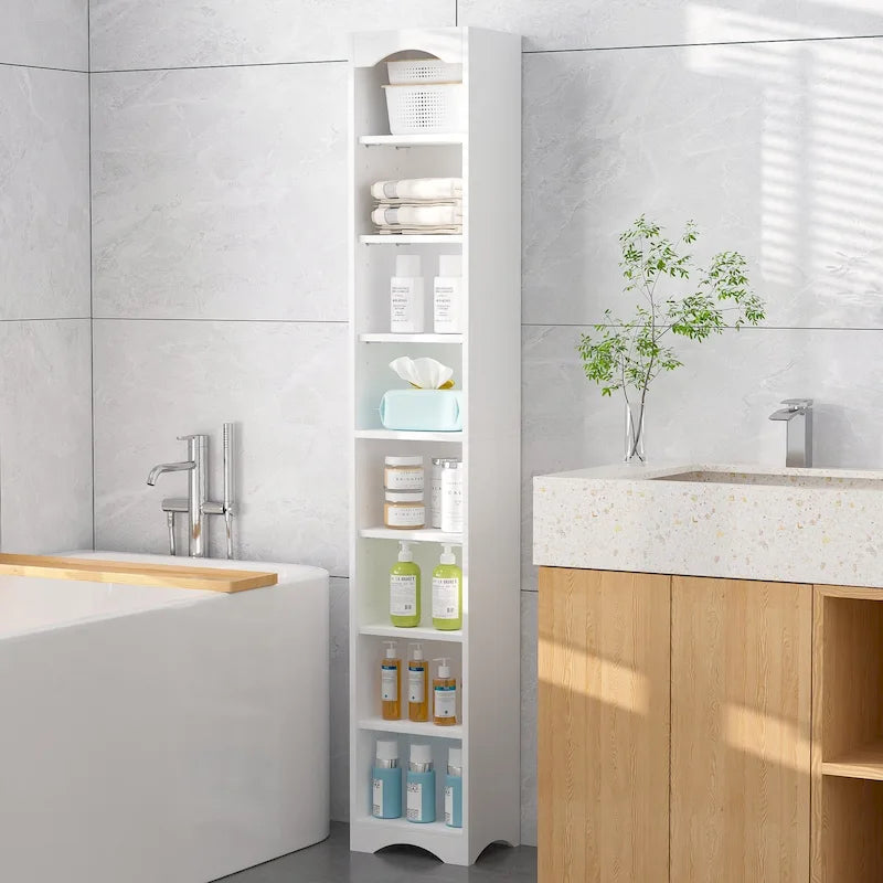 Mobiletto stretto per biancheria da bagno alto 70.9 pollici, mobile contenitore indipendente in legno massello a 8 ripiani