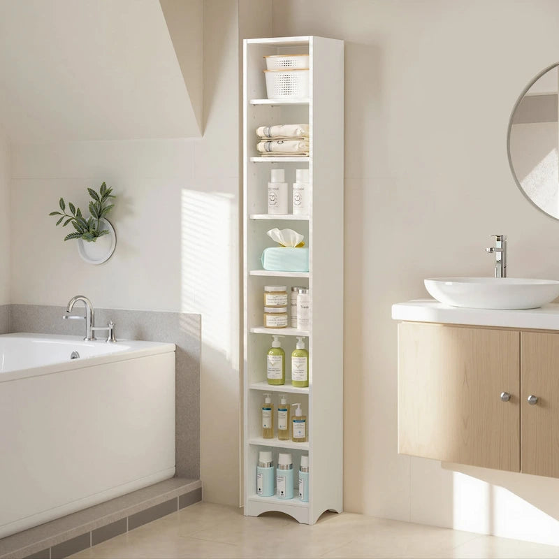 Mobiletto stretto per biancheria da bagno alto 70.9 pollici, mobile contenitore indipendente in legno massello a 8 ripiani