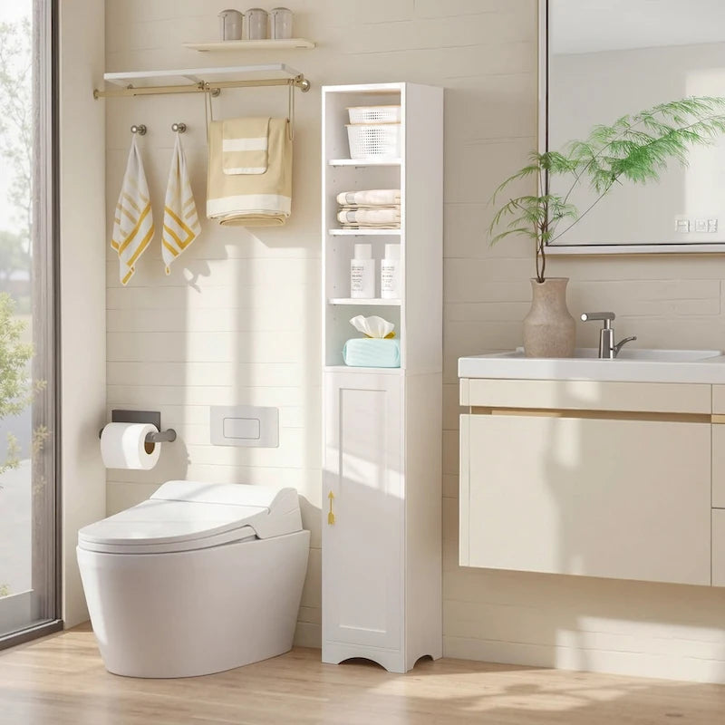 Mobiletto stretto per biancheria da bagno alto 70.9 pollici, mobile contenitore indipendente in legno massello a 8 ripiani