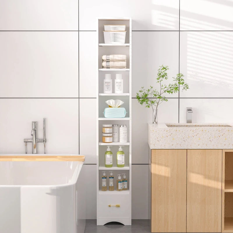 Mobiletto stretto per biancheria da bagno alto 70.9 pollici, mobile contenitore indipendente in legno massello a 8 ripiani