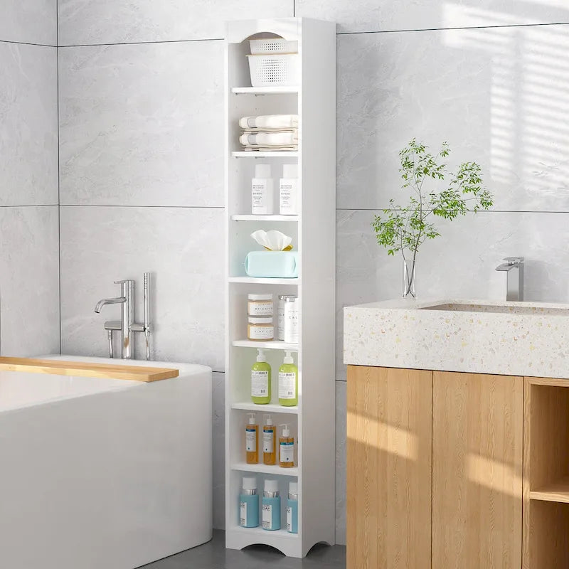 Mobiletto stretto per biancheria da bagno alto 70.9 pollici, mobile contenitore indipendente in legno massello a 8 ripiani