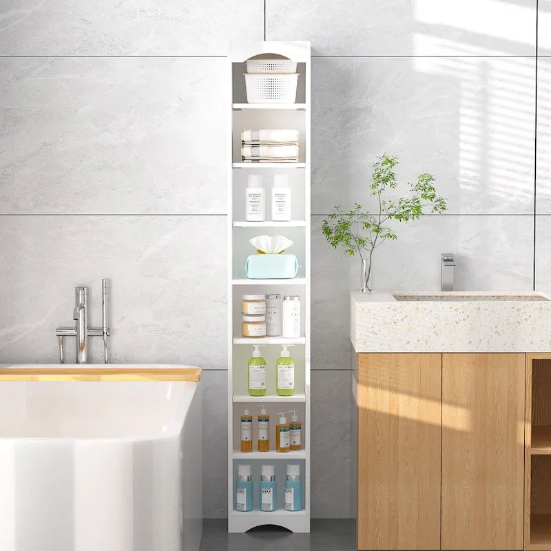 Mobiletto stretto per biancheria da bagno alto 70.9 pollici, mobile contenitore indipendente in legno massello a 8 ripiani