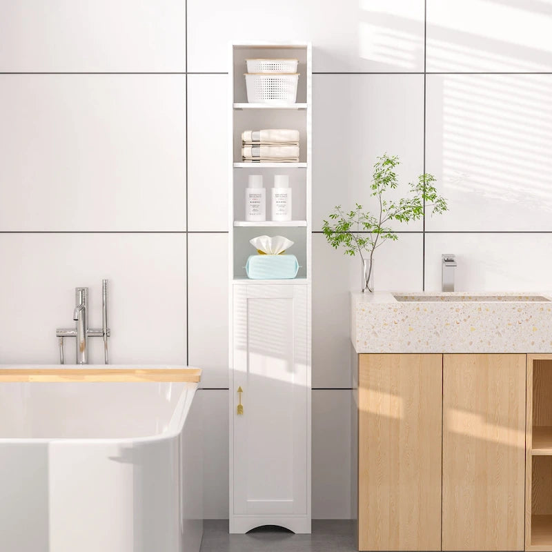 Mobiletto stretto per biancheria da bagno alto 70.9 pollici, mobile contenitore indipendente in legno massello a 8 ripiani