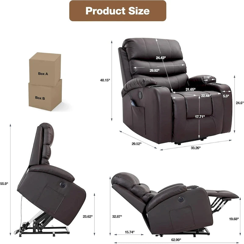 Poltrona reclinabile elettrica con funzione di sollevamento, massaggio e riscaldamento, ecopelle, porta USB, portabicchieri e tasche