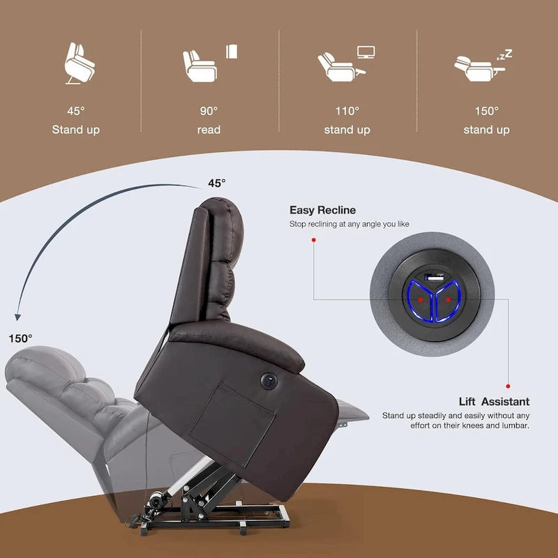 Poltrona reclinabile elettrica con funzione di sollevamento, massaggio e riscaldamento, ecopelle, porta USB, portabicchieri e tasche
