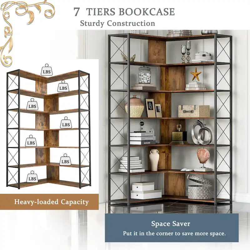 Narożny regał w kształcie litery L z 7 półkami
