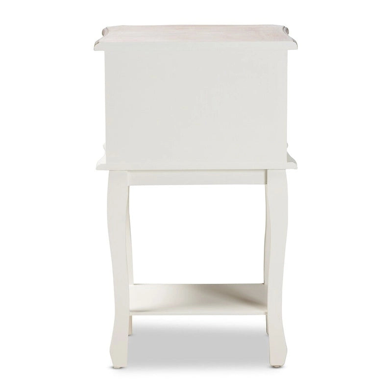 Tavolino laterale in legno a 2 cassetti, stile rustico francese antico, bicolore bianco e rovere
