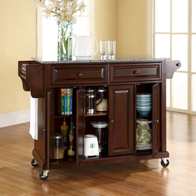 Carrello da cucina vintage in mogano con piano in granito, misura grande - 18d x 51.5w x 36h