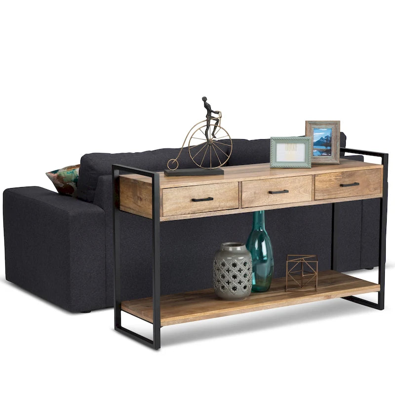 Consolle da divano moderna stile industriale in legno massello di mango e metallo, larga 54 pollici, color naturale - 55 W x 16 D x 32 H