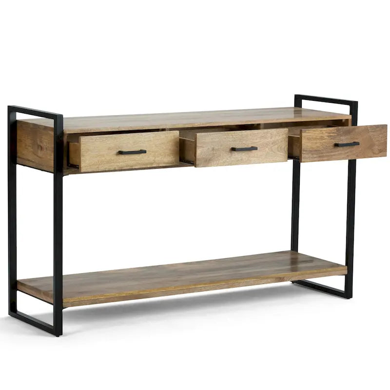 Nowoczesny industrialny stolik konsolowy z litego drewna mango i metalu, szerokość 54 cale, kolor naturalny - 55 W x 16 D x 32 H