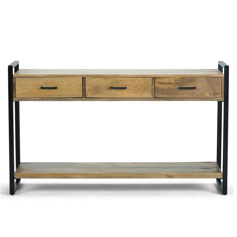 Nowoczesny industrialny stolik konsolowy z litego drewna mango i metalu, szerokość 54 cale, kolor naturalny - 55 W x 16 D x 32 H