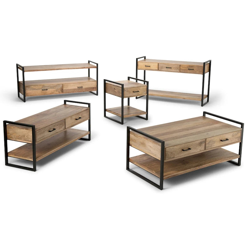 Nowoczesny industrialny stolik konsolowy z litego drewna mango i metalu, szerokość 54 cale, kolor naturalny - 55 W x 16 D x 32 H