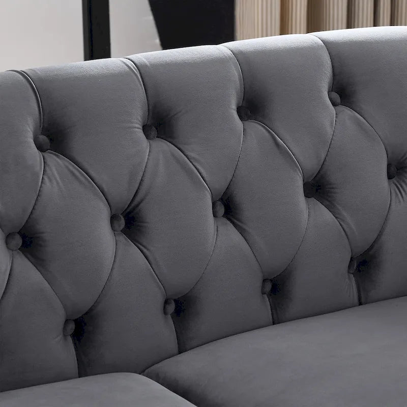 Aksamitna sofa dwuosobowa, zaokrąglone podłokietniki, ozdobne gwoździe