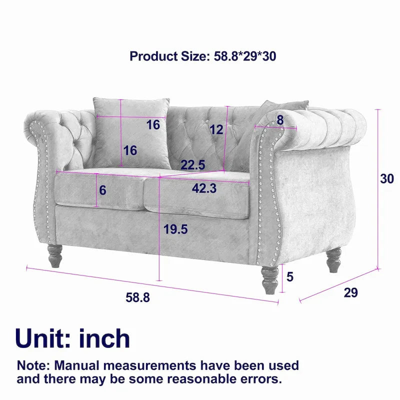 Aksamitna sofa dwuosobowa, zaokrąglone podłokietniki, ozdobne gwoździe