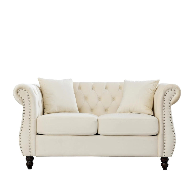 Aksamitna sofa dwuosobowa, zaokrąglone podłokietniki, ozdobne gwoździe