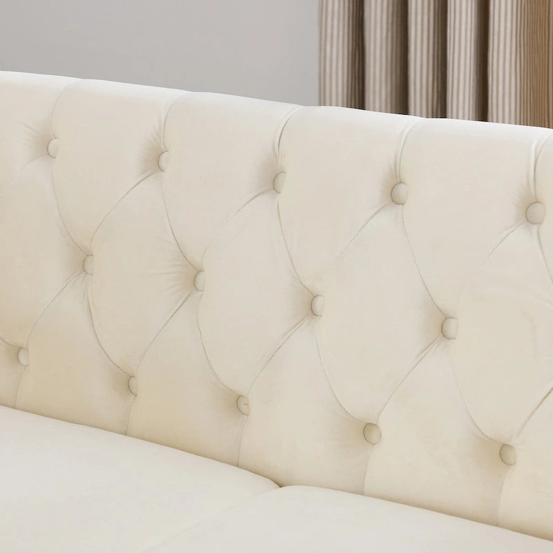 Aksamitna sofa dwuosobowa, zaokrąglone podłokietniki, ozdobne gwoździe