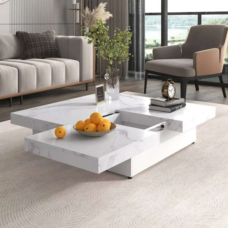 Tavolino da salotto con impiallacciatura effetto marmo, piano scorrevole e vano contenitore