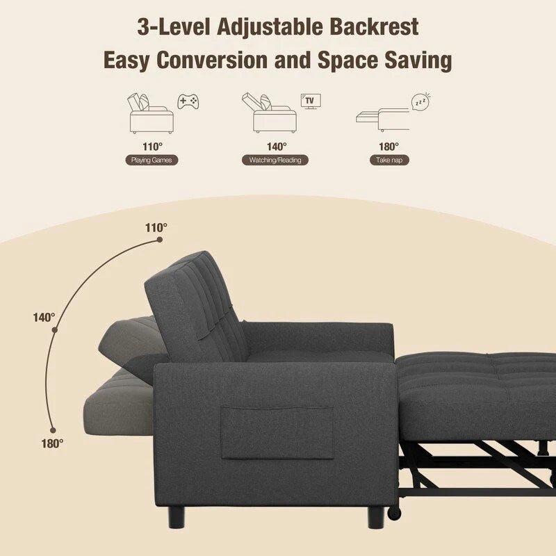 Divanetto letto trasformabile 3 in 1 con letto estraibile e schienale regolabile