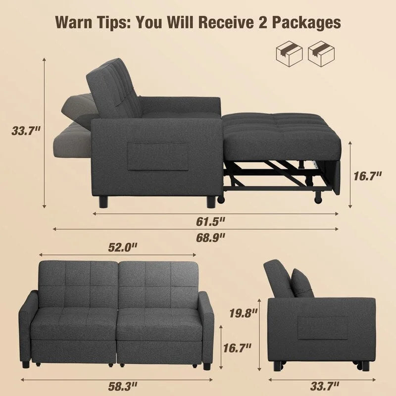 Divanetto letto trasformabile 3 in 1 con letto estraibile e schienale regolabile