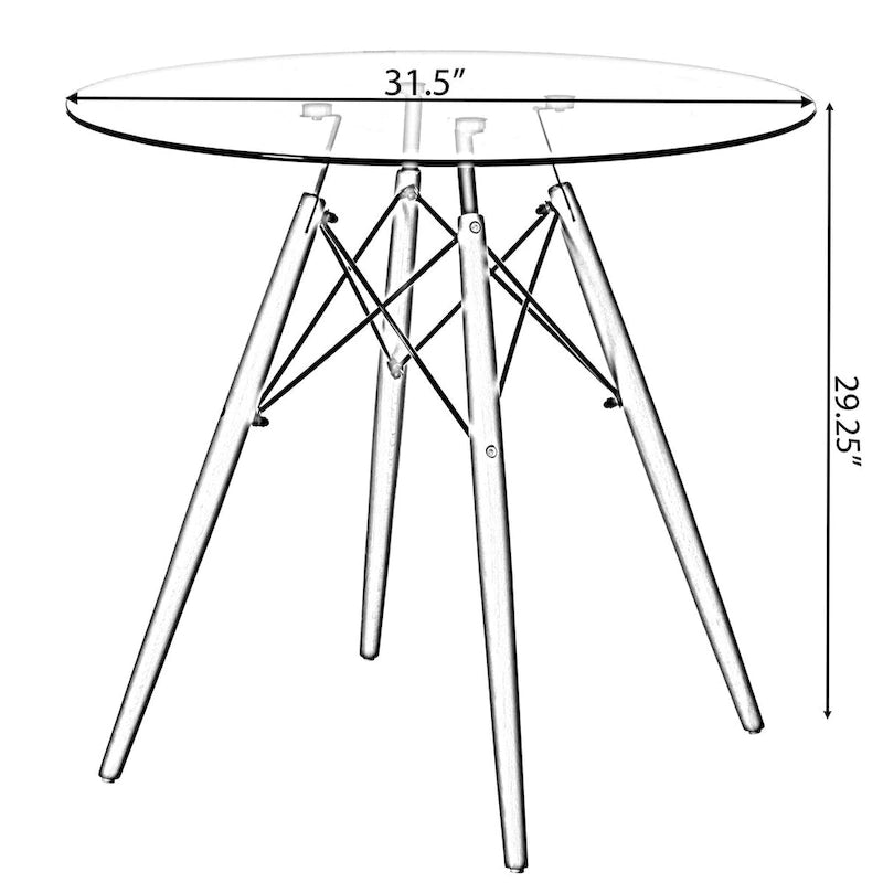 Tavolo da pranzo d'accento rotondo con piano in vetro trasparente e 4 gambe in legno massello di faggio