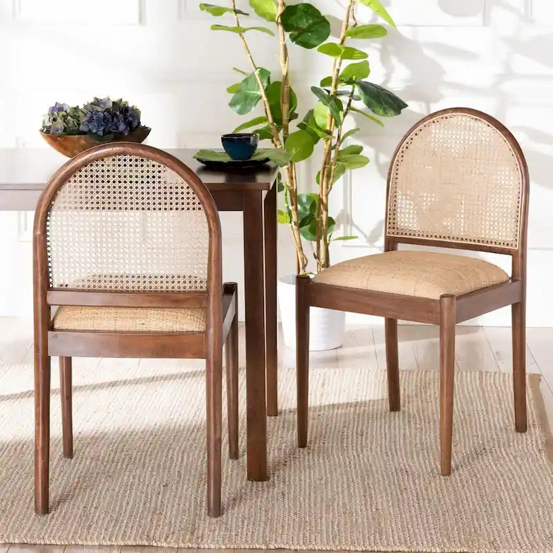Maryland Modern Bohemian Natural Rattan and Acacia Wood 2-Piece Dining Chair Set