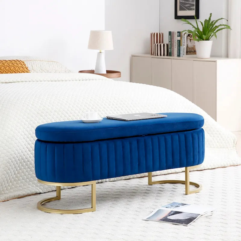 Panca contenitore, panca da camera da letto ovale imbottita in velluto con gambe in metallo dorato, pouf contenitore da 50