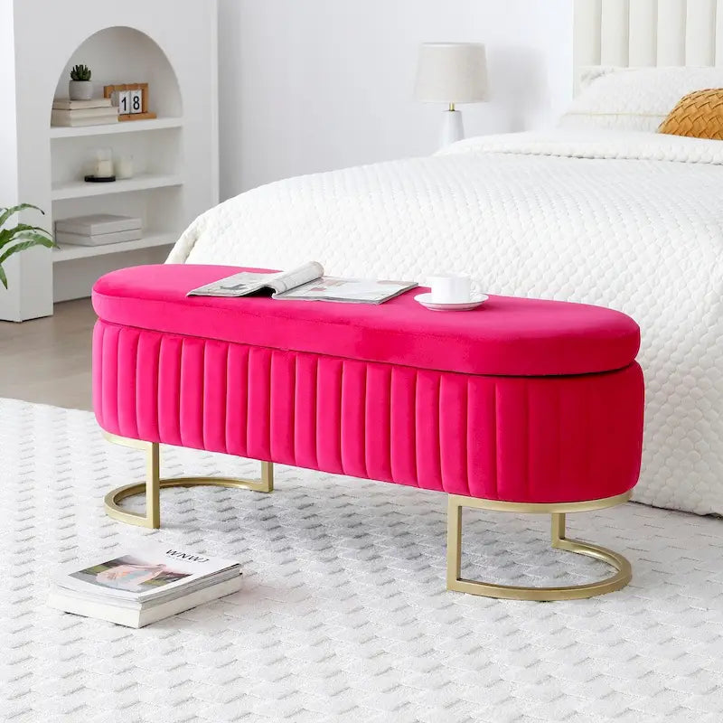 Panca contenitore, panca da camera da letto ovale imbottita in velluto con gambe in metallo dorato, pouf contenitore da 50