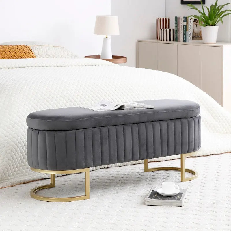 Panca contenitore, panca da camera da letto ovale imbottita in velluto con gambe in metallo dorato, pouf contenitore da 50