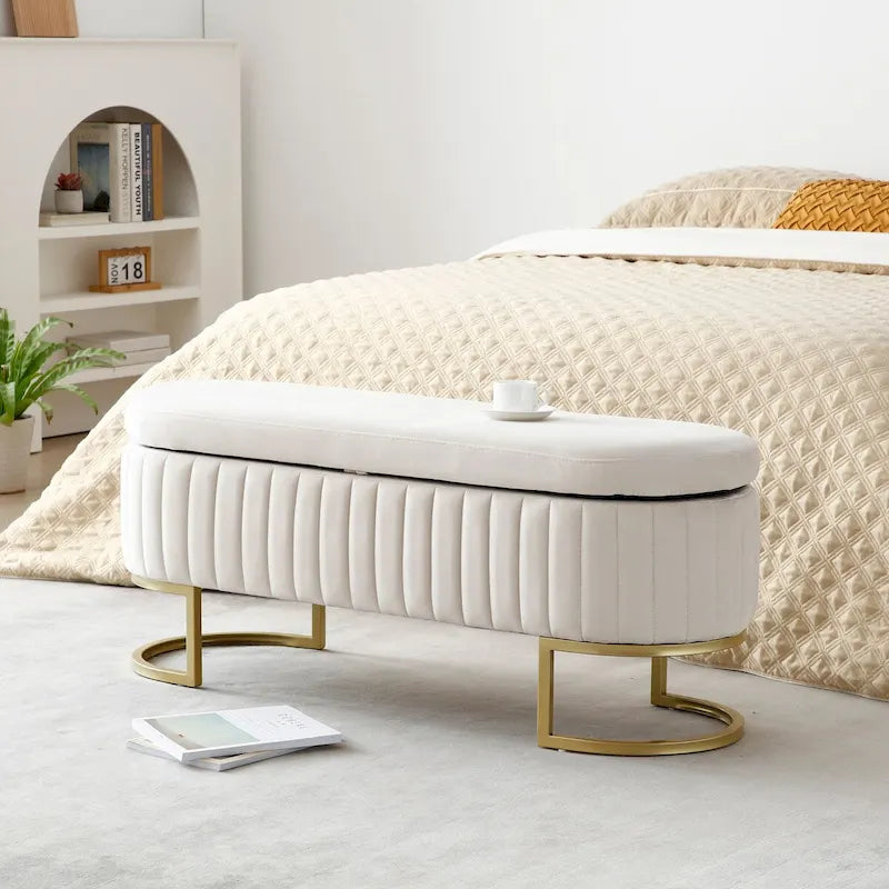 Panca contenitore, panca da camera da letto ovale imbottita in velluto con gambe in metallo dorato, pouf contenitore da 50