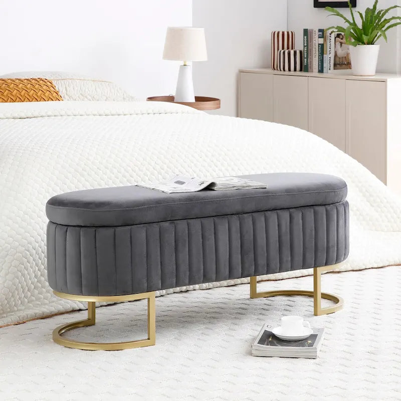 Panca contenitore, panca da camera da letto ovale imbottita in velluto con gambe in metallo dorato, pouf contenitore da 50