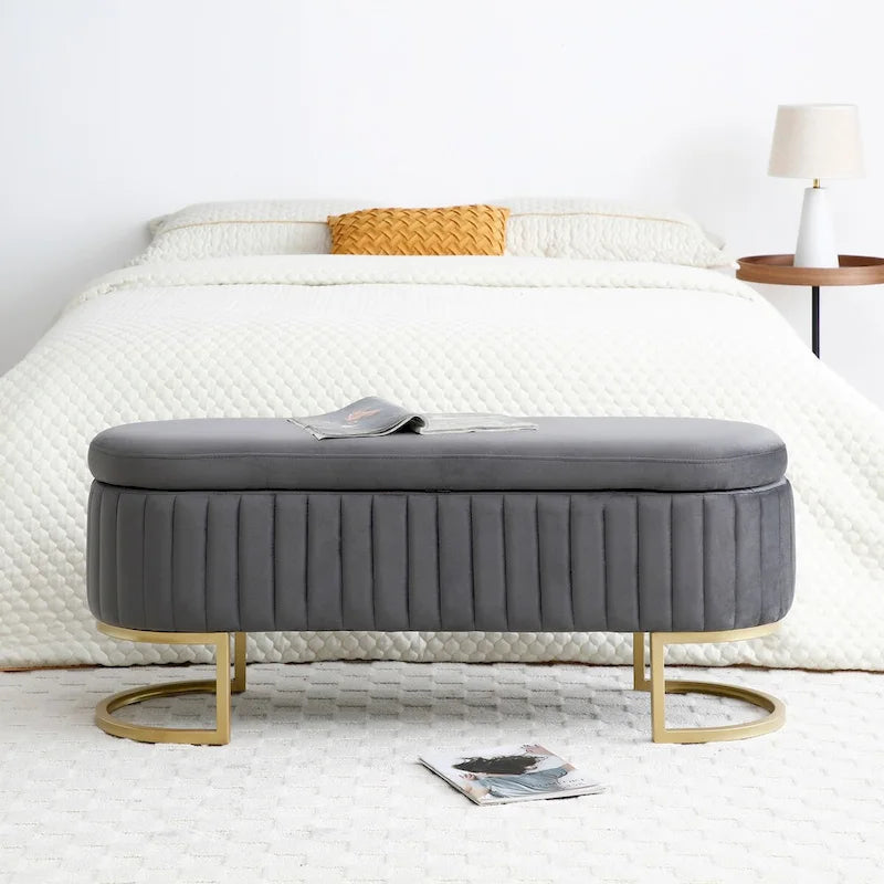 Panca contenitore, panca da camera da letto ovale imbottita in velluto con gambe in metallo dorato, pouf contenitore da 50