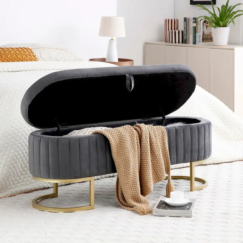 Panca contenitore, panca da camera da letto ovale imbottita in velluto con gambe in metallo dorato, pouf contenitore da 50