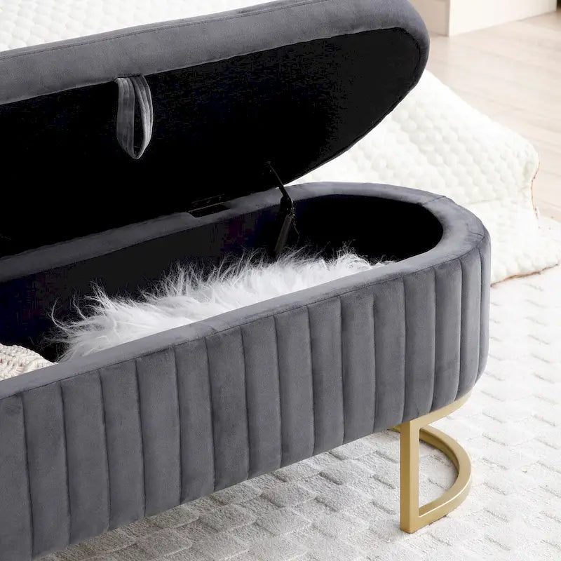 Panca contenitore, panca da camera da letto ovale imbottita in velluto con gambe in metallo dorato, pouf contenitore da 50